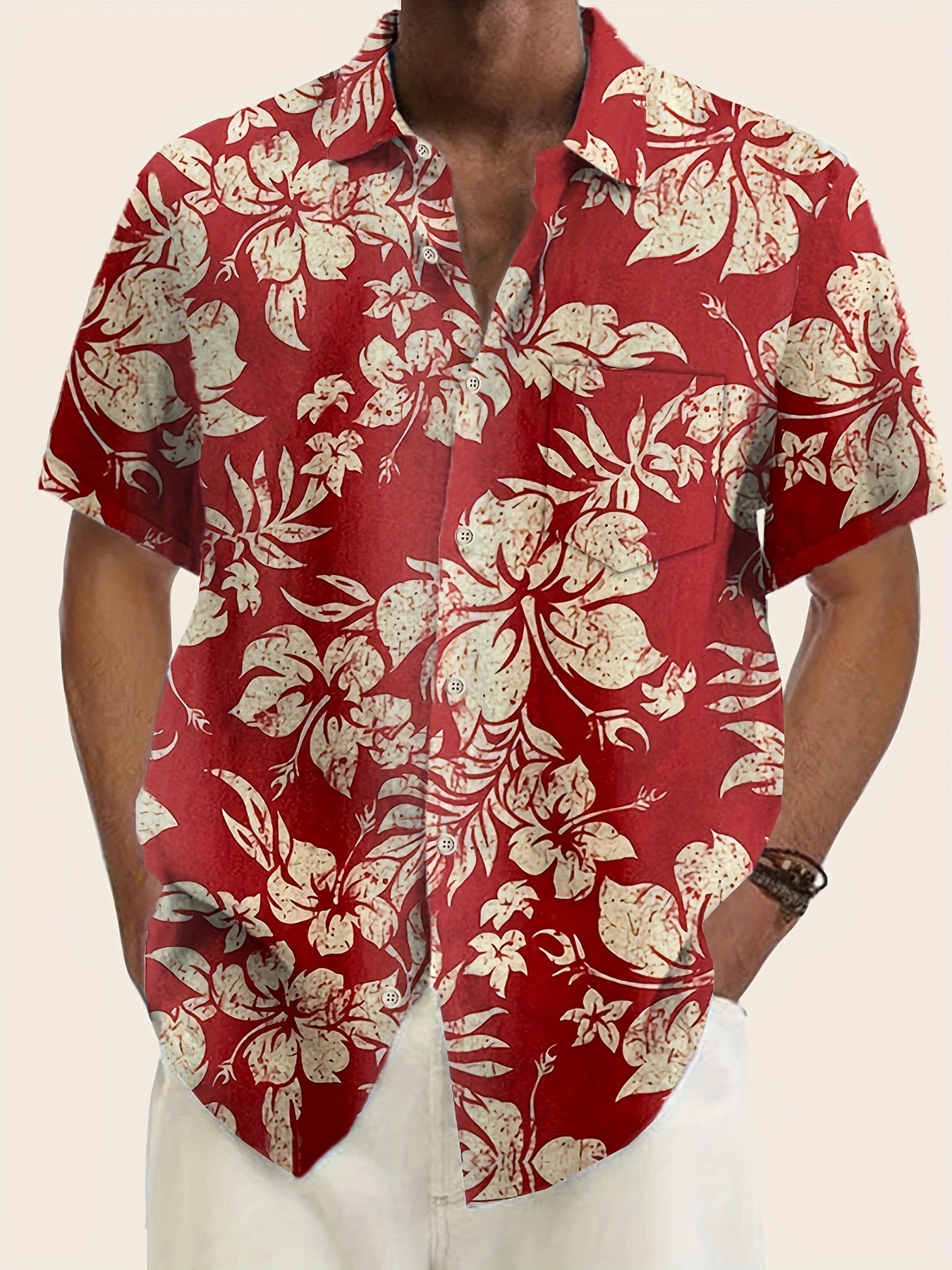 Plus Size Men's Hawaiian Shirts for Beach, Retro Floral Printed Short Sleeve Aloha Shirts, Oversized Casual Loose, Red and White Hibiscus Shirt