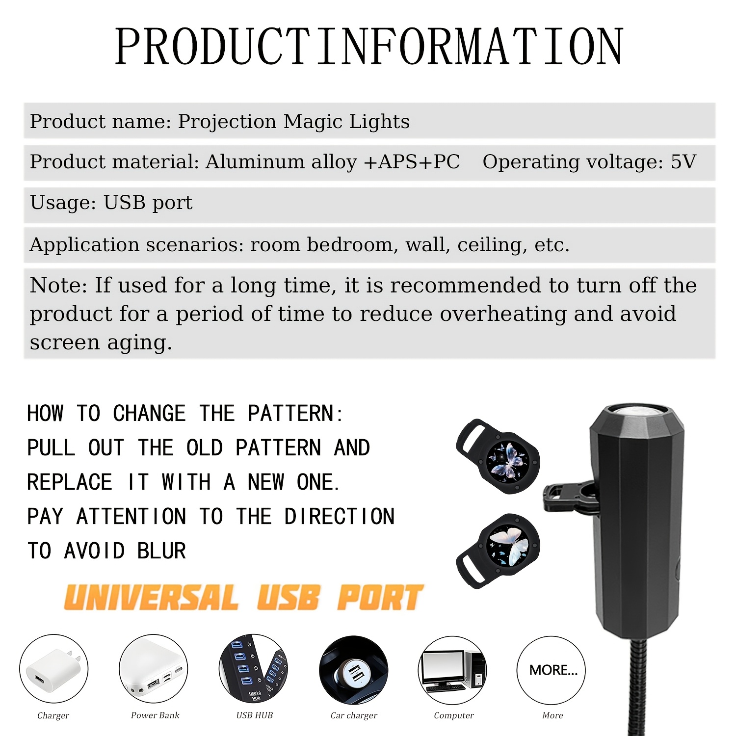 five interchangeable   pattern projection lights featuring eye friendly   light and usb power supply are perfect for   a   atmosphere for your bedroom or bedside   are     and home lighting fixtures Product details 6