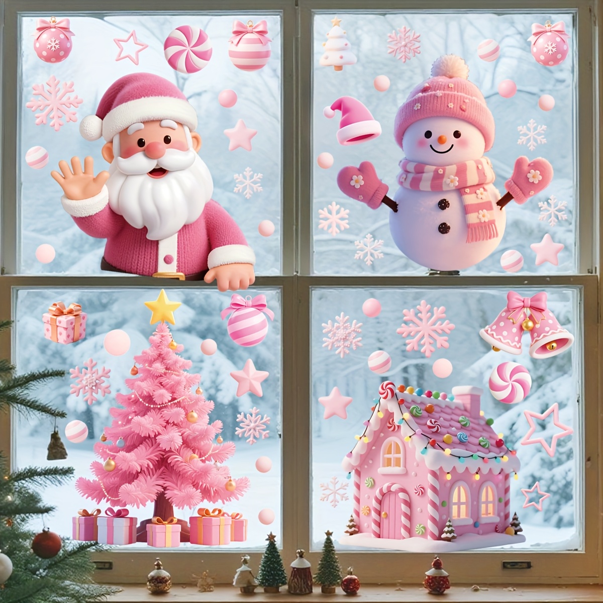 Image of Pink Christmas Window Decorations - Festive Stickers For Glass Surfaces, Featuring Santa Claus And Snowman Designs, Suitable For Indoor And Outdoor
