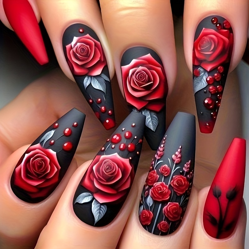 Medium-length Red Rose 24pcs Glossy Press-on Detachable False Nails, Stylish And Elegant Press-on Nail Art Patches, Reusable And Convenient For Daily Wear, , Parties, Weddings, And Festive Occasions