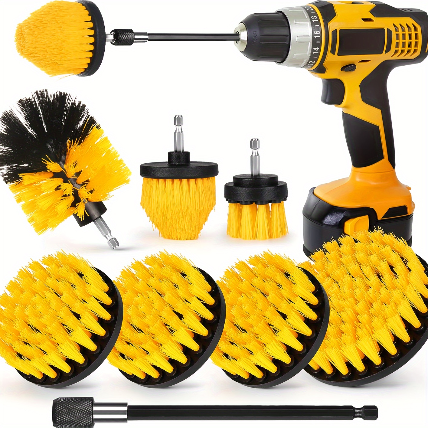 Image of Drill Brush Attachment Set, 8pcs, 1/4 Inch (. 0.6 Cm) Power Scrubber Brush + Extension Rod Attachment, Drill Brush Attachments, Bathroom, Bathtub, Tile, Corner, Floor