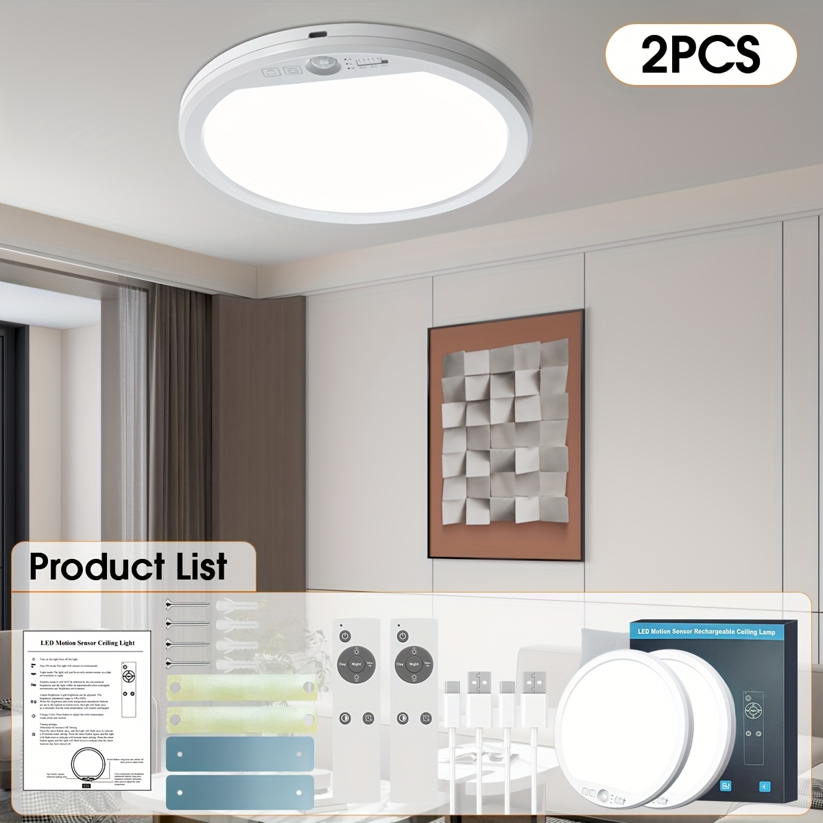 E-shop 2er-/1er-Pack Wiederaufladbare Deckenleuchte mit Bewegungssensor und Fernbedienung, 3000K 4000K 6500K, Farb- & Helligkeitswechsel, USB-Lampe für