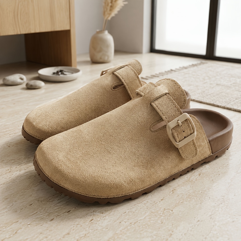 TEMU Smalleyes Summer Casual Plus-size Wide Fit Mules With Delicate Frosted Suede Fabric, Adjustable Strap. Ideal For Lounging At Home While