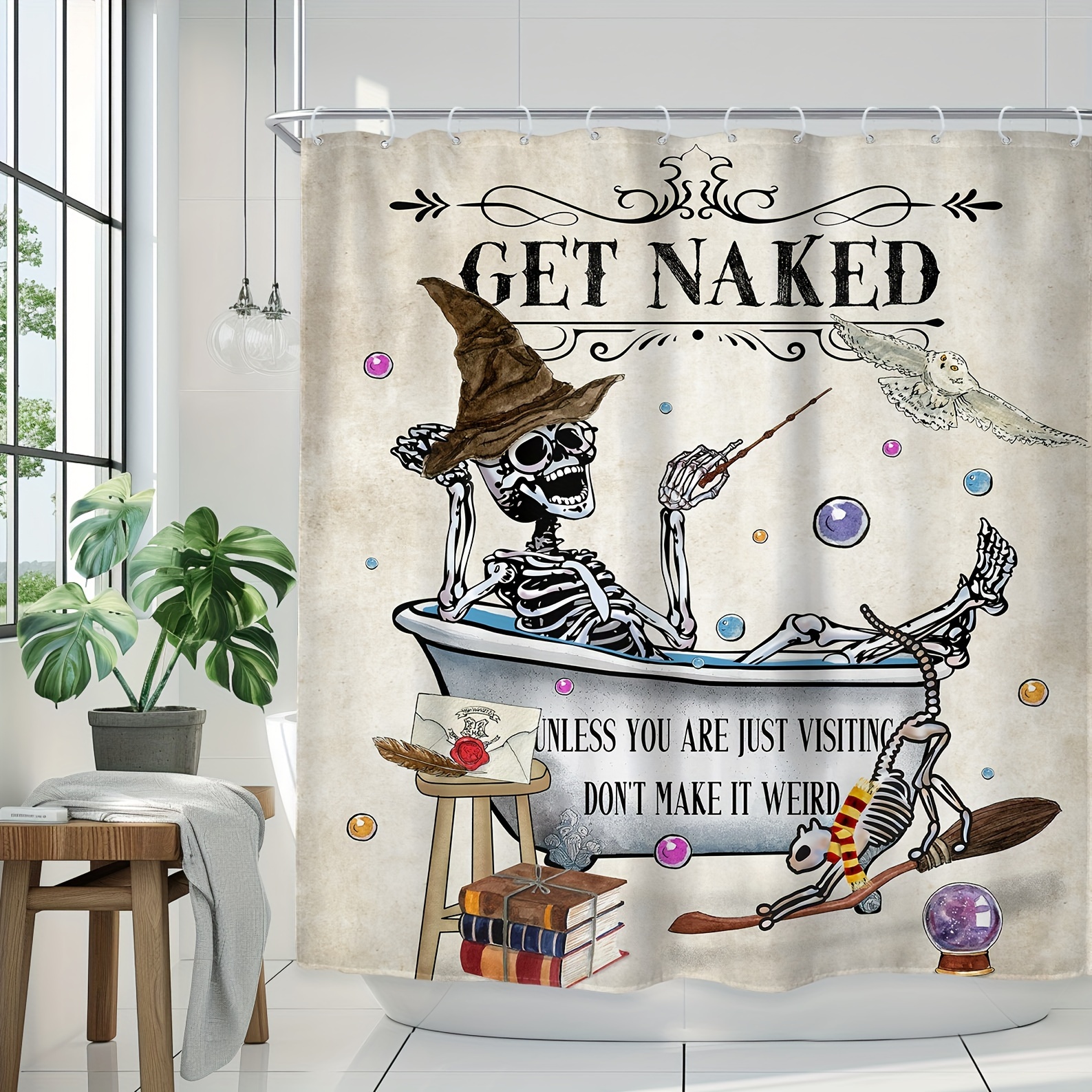 

1pc Funny Skeleton Shower Curtain, Cool Magical Wizard Witchy Hat Gothic Spooky Bone In Bathtub Unique Modern Gifts Decorations Bathroom Curtain Fabric Polyester 12 Pack Hooks, 71wx71h