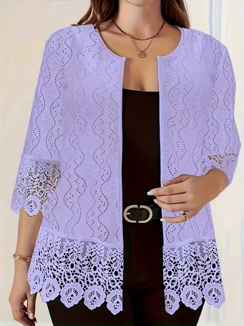 plus size womens plus size elegant solid color open front cardigan with cut out lace trim
