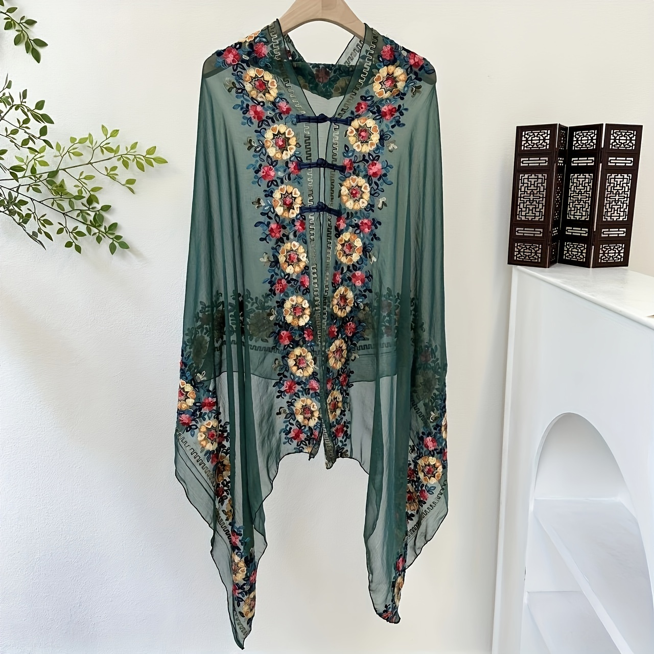 TEMU Elegant Women'-inspired Embroidered Shawl - Breathable, Sun-protective Beach Wrap With Pearl Accents