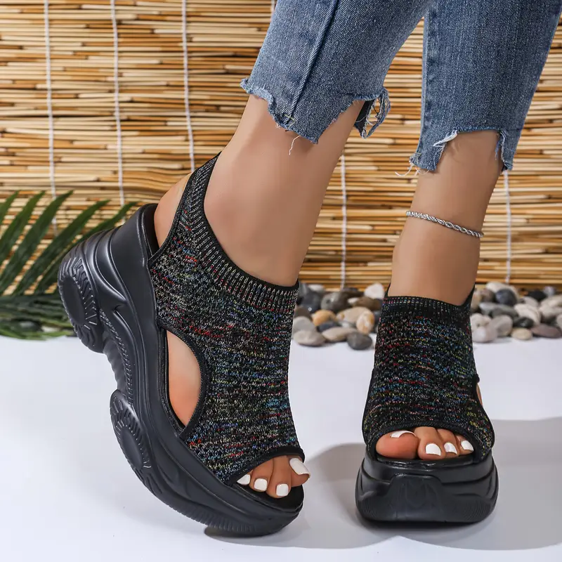 womens lightweight breathable crochet wedge sandals open toe thick sole casual shoes with ankle strap white colorful geometric for casual attire strappy sandals Product details 3