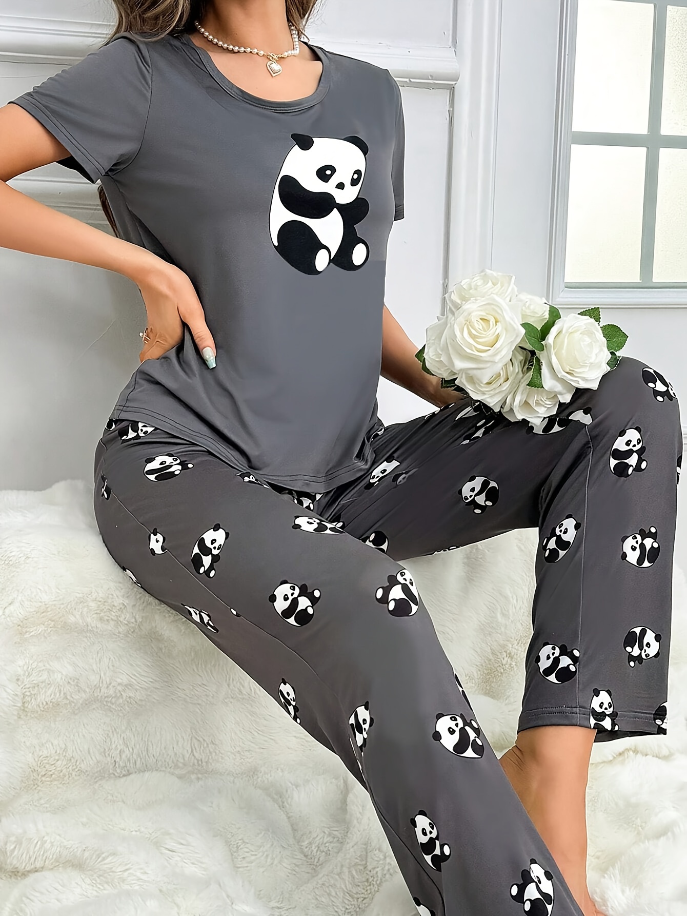 Cute Panda Pajama Set For Women - Short Sleeve Tee And Shorts Sleepwear | Summer Nightwear Set In Soft Polyester