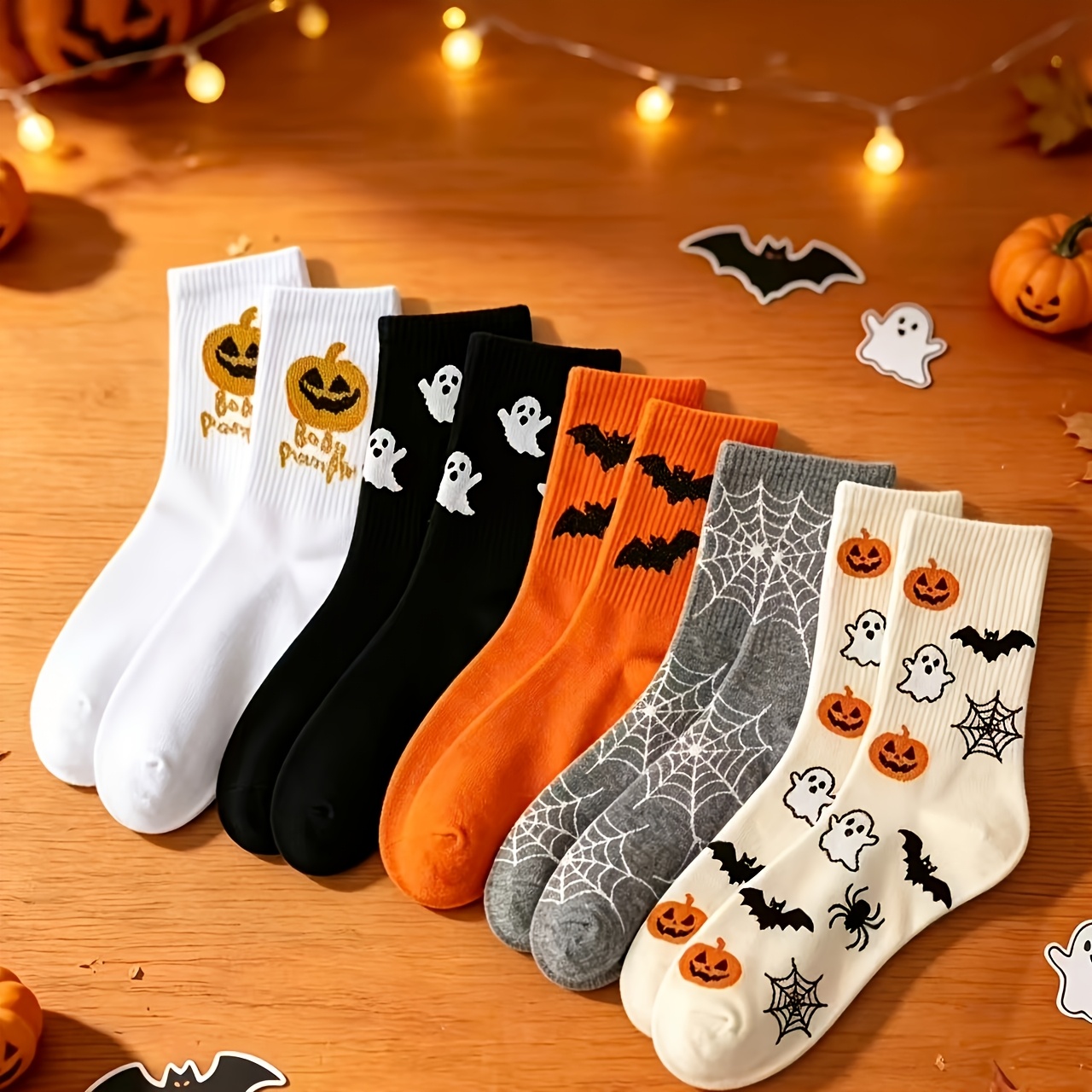 TEMU 5-pair Pack & Unisex Halloween Socks - Pumpkin Bat Spiderweb Print Ankle Socks Suitable For Daily Wear, Party Outfits, Machine Washable Themed