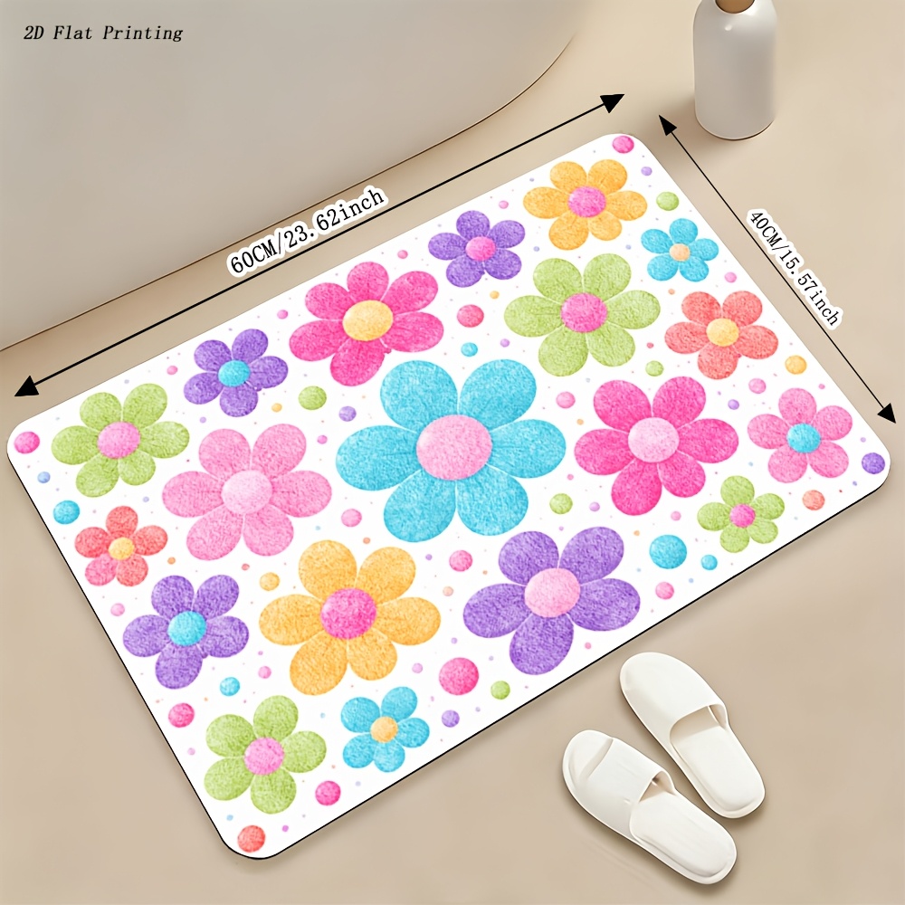 TEMU Tapis de bain plat 2D à motif floral coloré, velours, 850 g/m², en plastique à points antidérapant, design géométrique, pour