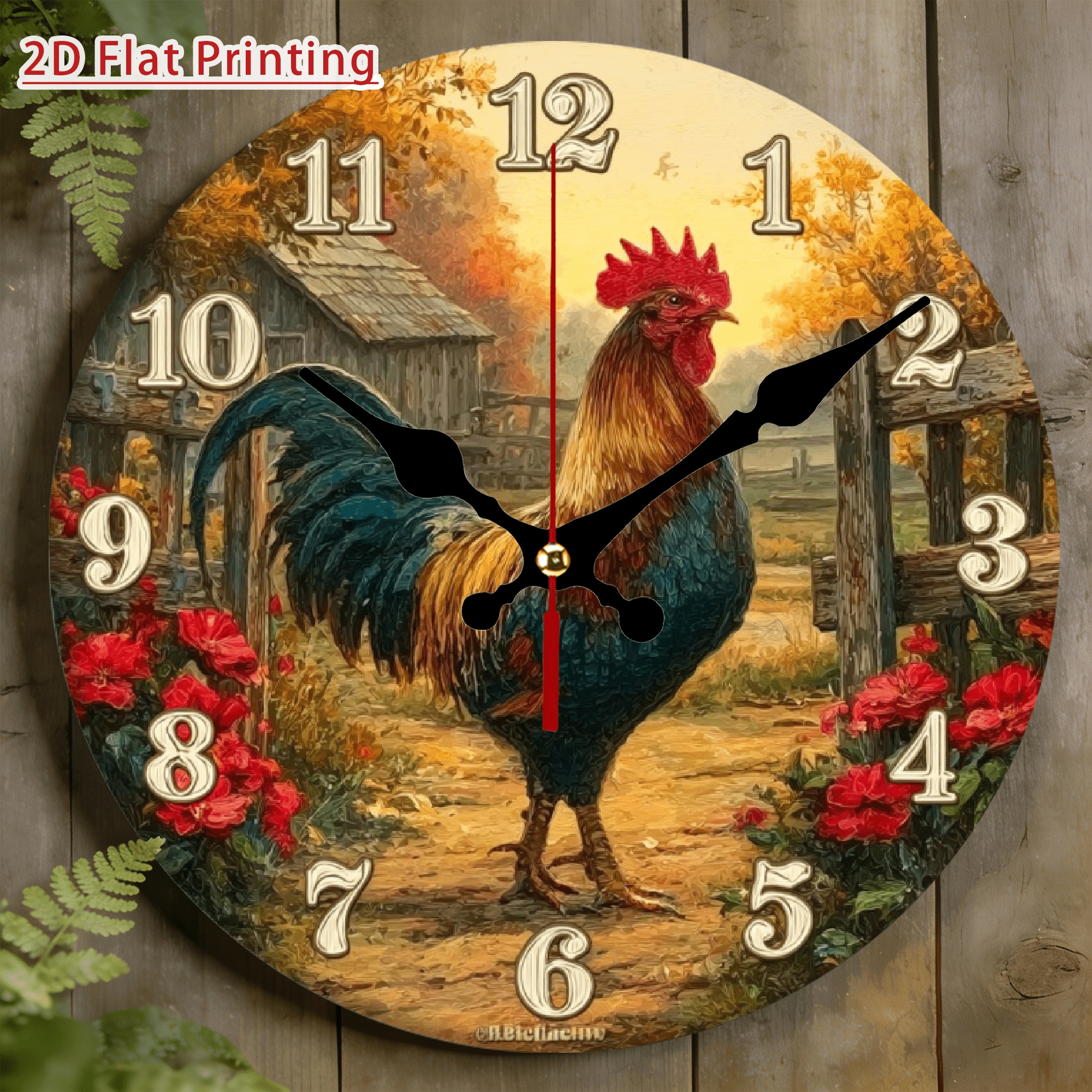 TEMU 2d Flat 10x10 Inch Modern Farm Rooster On Nursery Wall Clock, Modern Minimalist, Silent Sweep Movement, Ideal For Farmhouses, Kitchens, Dining