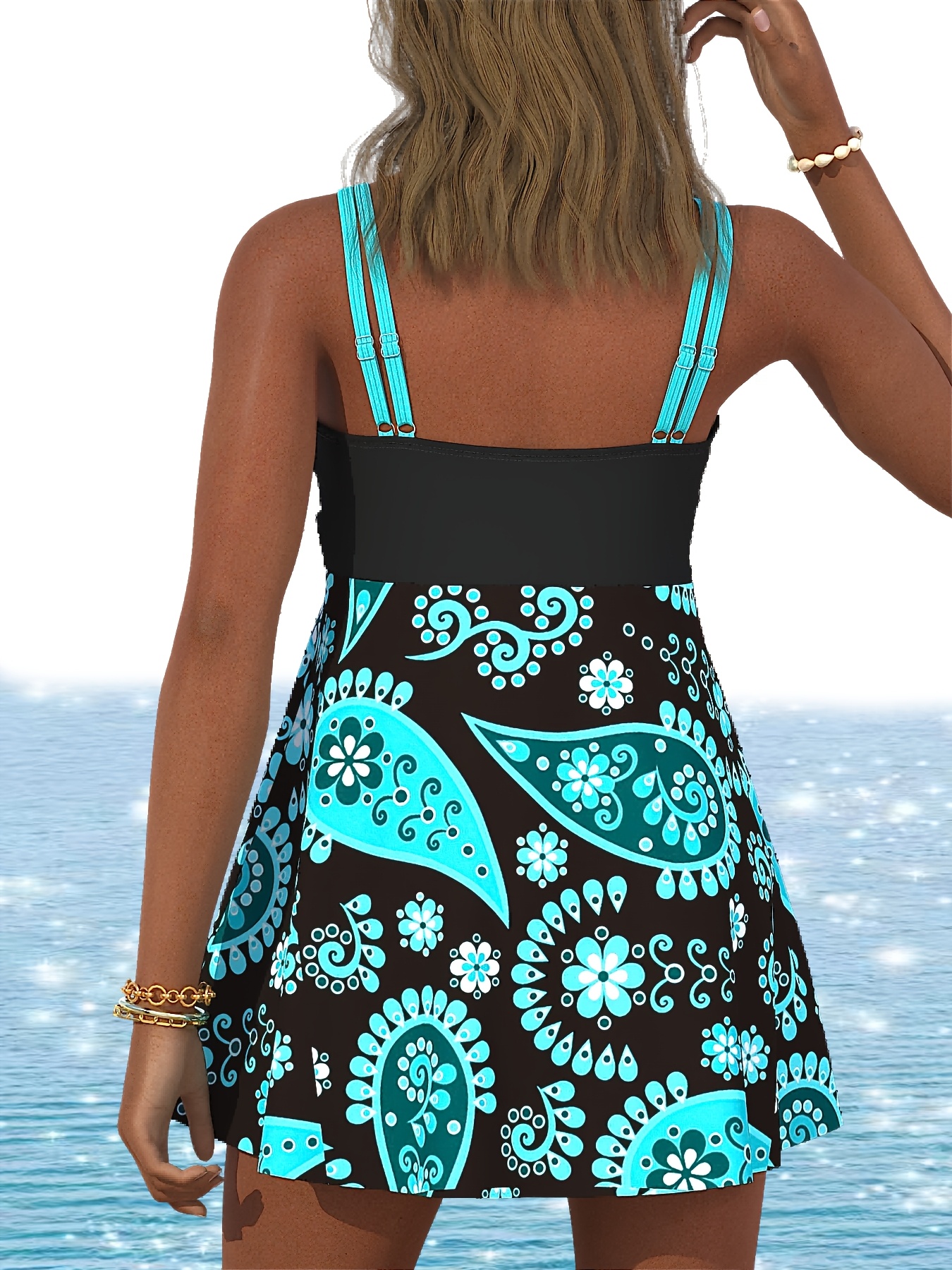 womens plus size tankini swimsuit skirted tummy control swim dress elegant paisley print adjustable straps beachwear   1