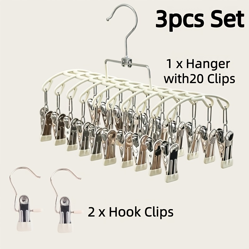 TEMU Set di 3 ganci a clip in acciaio inossidabile, 1 stendino (con 20 clip antiscivolo) e 2 ganci a clip, organizer salvaspazio per indumenti, per