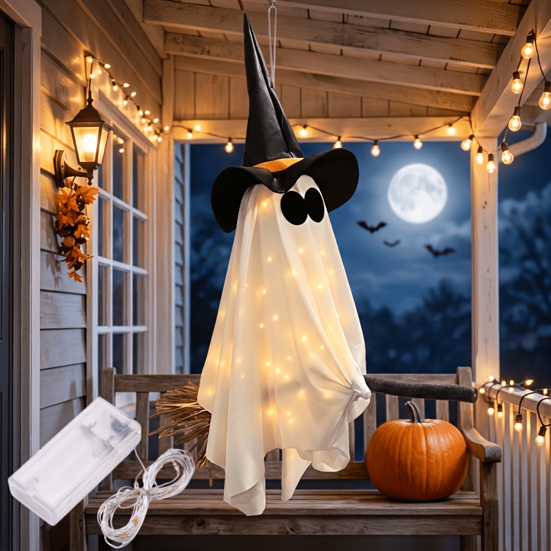 TEMU 1 Set (2pcs): 1 Witch Hat Riding A Broomstick Hanging Ornament   1 Warm White Led String Lights. Mesh A Soft, At Night, A Mysterious And Spooky