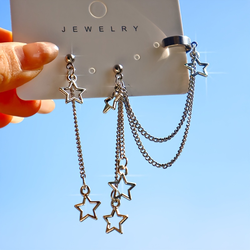 Image of 1 Pair Y2k Star Chain Clip-on Earring Set, Street Punk Accessory, Suitable For Girls' Daily Jewelry