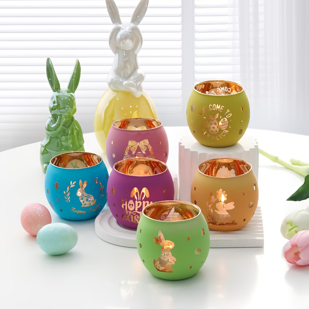 

Easter Home Decorations: Glass Tea Lights Set Of 6, With Cute Bunny Patterns In 6 Colors For Jar Candles, Easter, Spring Decorations, Suitable For Table Centerpieces, Easter Decorations