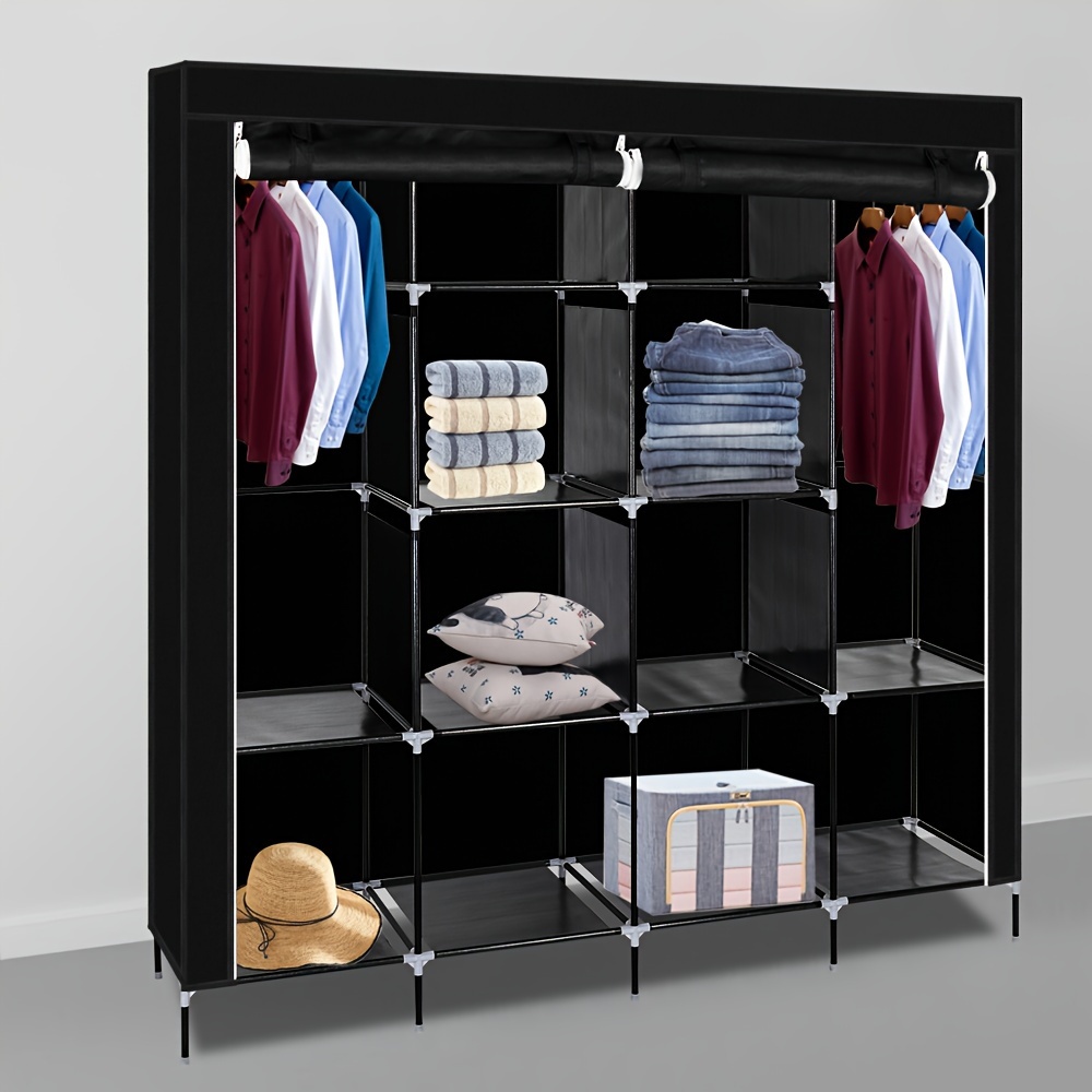 67" Clothes Closet Portable Wardrobe Clothes Storage Rack 12 Shelves 4 Side Pockets Black, Portable Closets