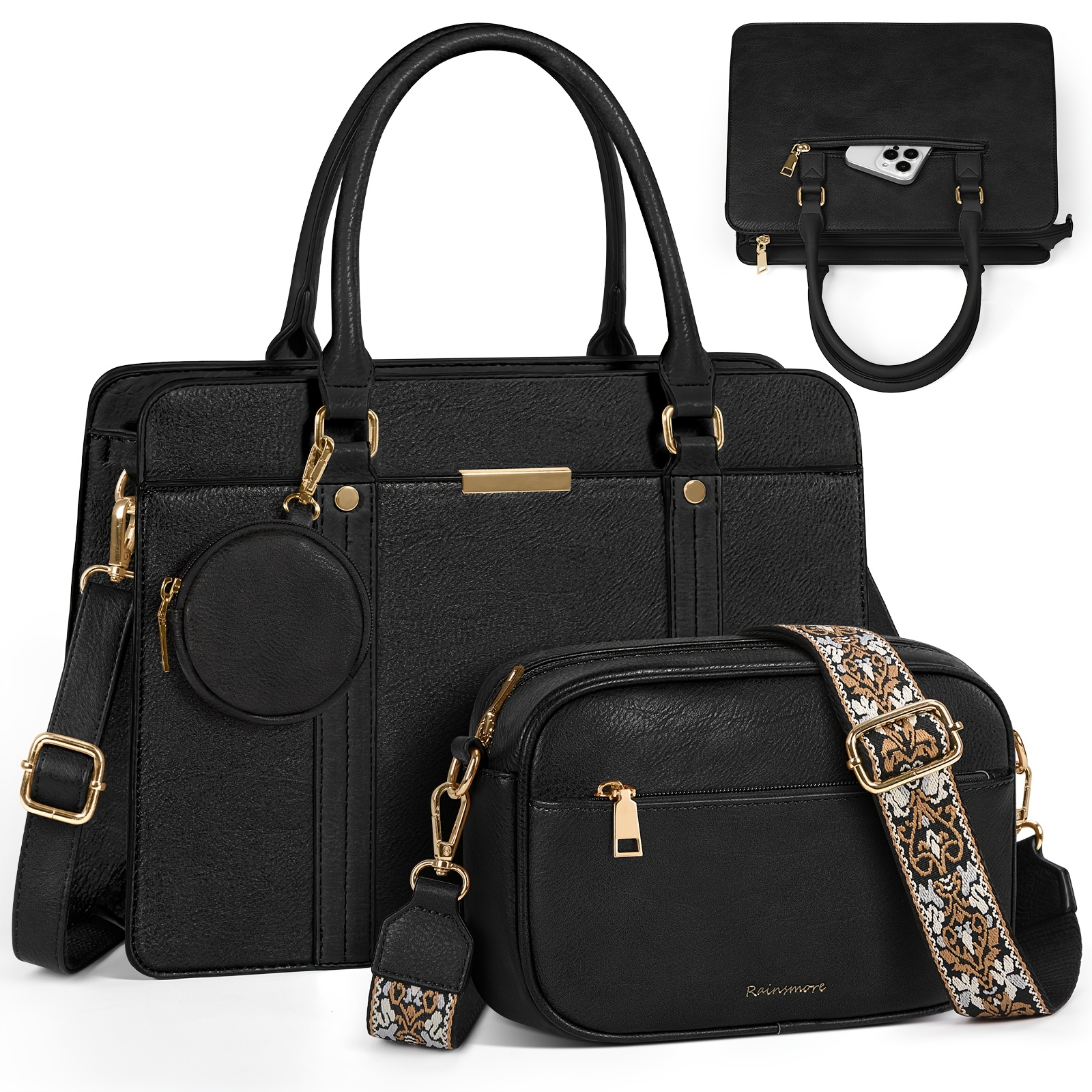 Rainsmore Women's Medium Handbag Synthetic Leather Women's Handbags Small Shoulder Bags With Shoulder Bag 3pcs Set Handbag For School Shopping Travel Gift