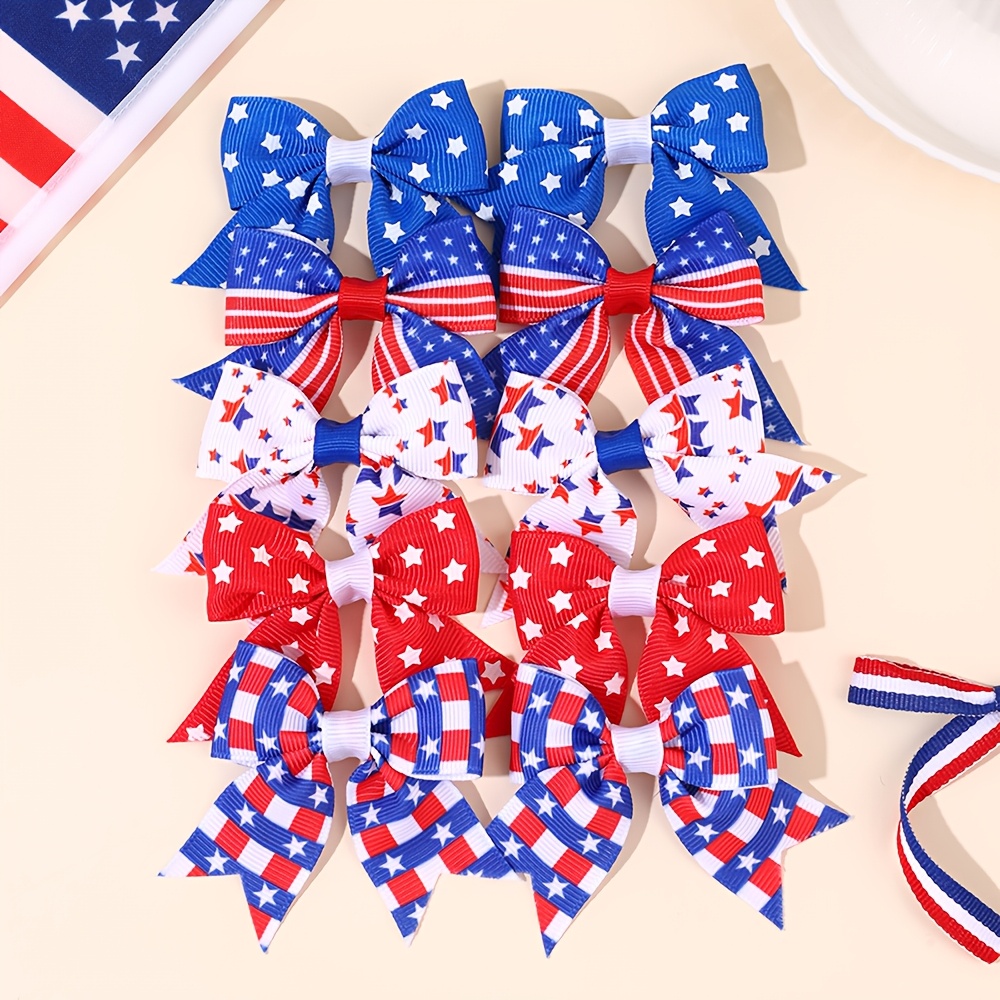 TEMU 10pcs American Flag Bow Hair Clips Set, Patriotic Hair Barrettes Non Slip Hairpins Dress-up Hair Accessories For Day & Celebrations Parties