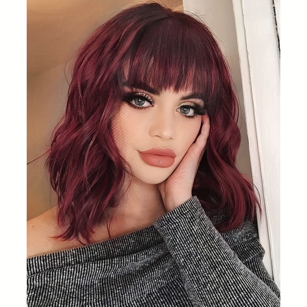TEMU Bob Curly Wig Synthetic Short Black Wig With Bangs Natural Looking Heat Resistant Fiber Hair For Women