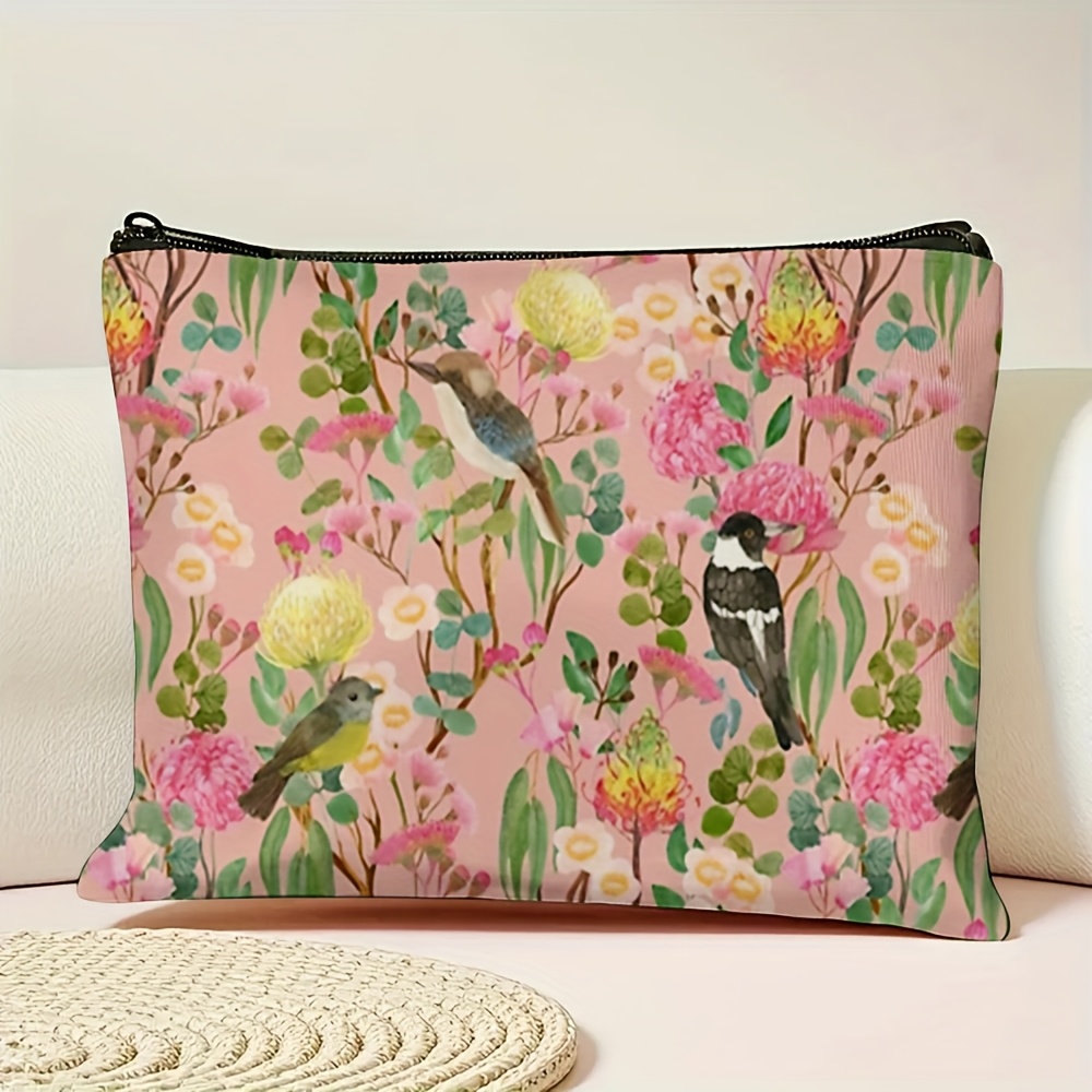 TEMU Australian Birds & Chinese Floral Makeup Bag - Ciliamok Themed Travel Toiletry Suitable For Vacation, Business, Gym | Compact Cosmetic Case With