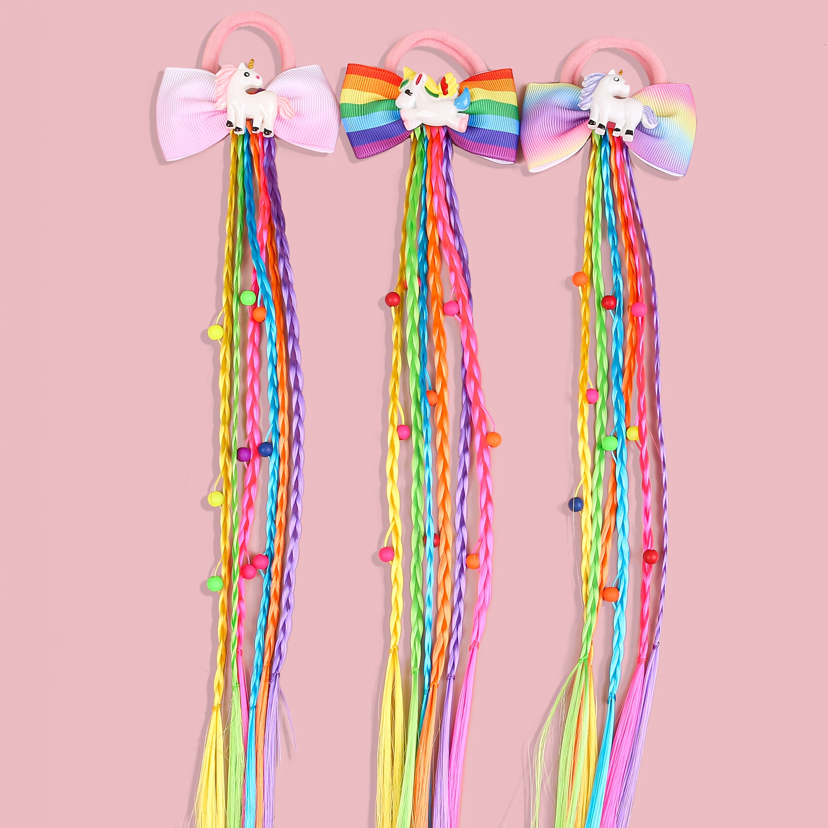 Image of 3pcs Unicorn Wig Hair Ties Braiding Headbands Colorful Bows Nylon Hair Ties Holiday Dress Up Headwear