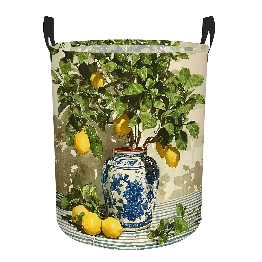TEMU 1 pièce Grand panier à linge pliable avec motif citron et feuille verte - Organisateur de rangement rond encombrant pour salle de bain, chambre,
