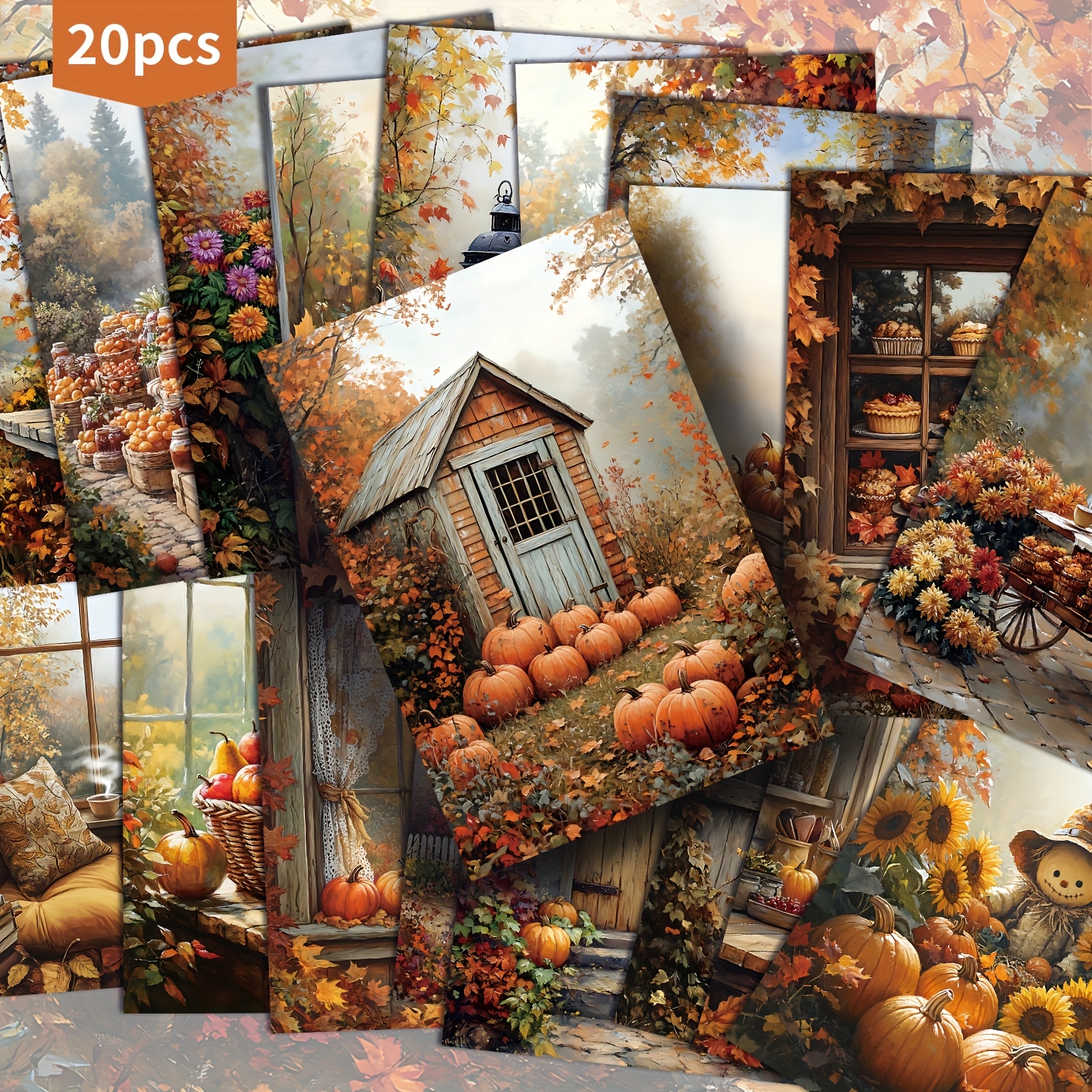TEMU Paquete de 20 postales de papel de calabaza de otoño rústicas y vintage - Papel de 4x6 pulgadas para diario de recortes de otoño vintage,