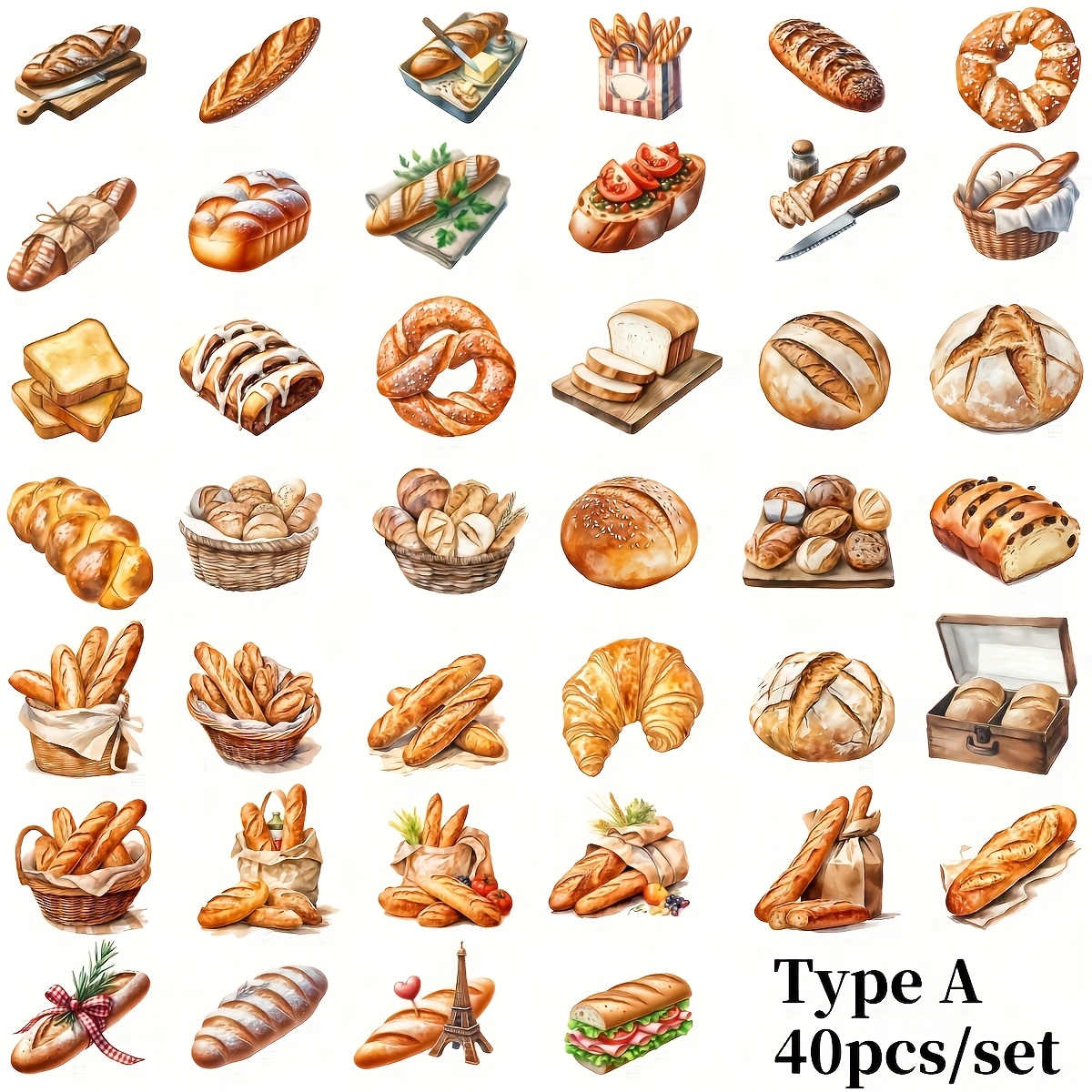E-shop 40 Stk./Set Backen Gourmet Baguette Brot Toast Serie Handgemachte Aufkleber Dekoration 2D Flach