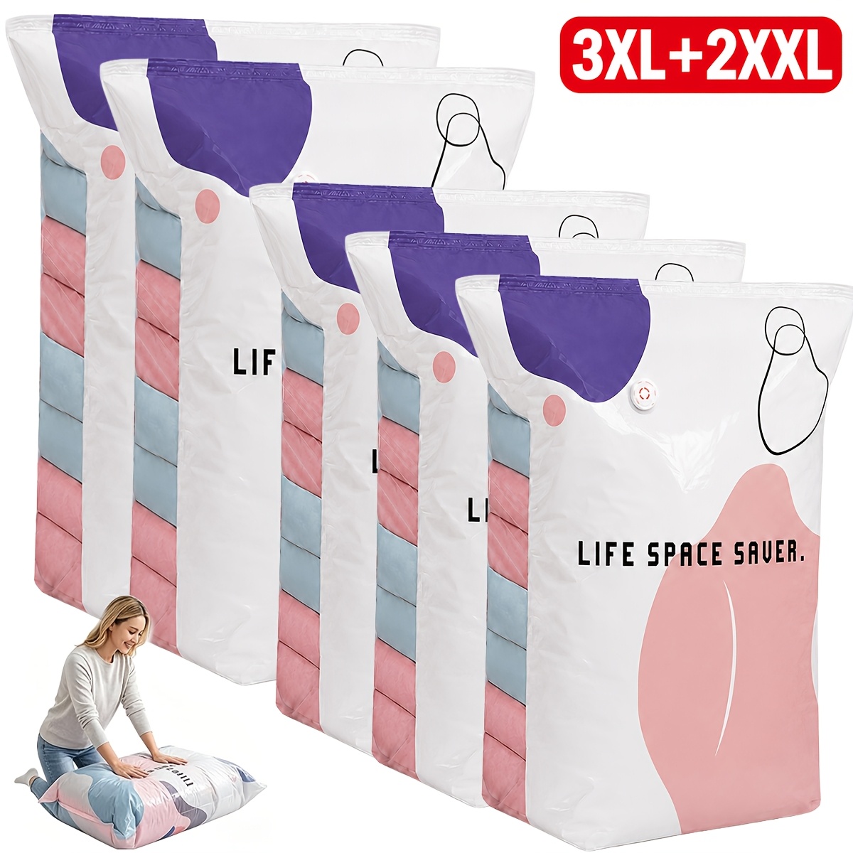 TEMU 5 sacs de rangement sous vide robustes pompe avec système de à pression, compression réutilisable adaptés aux vêtements, couvertures de lit,