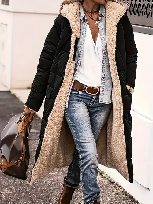 ジップアップパーカー ロングライン パフィーコート、カジュアル 長袖 ポケット フェイクファー 裏地 暖かいコート 冬用、レディース服