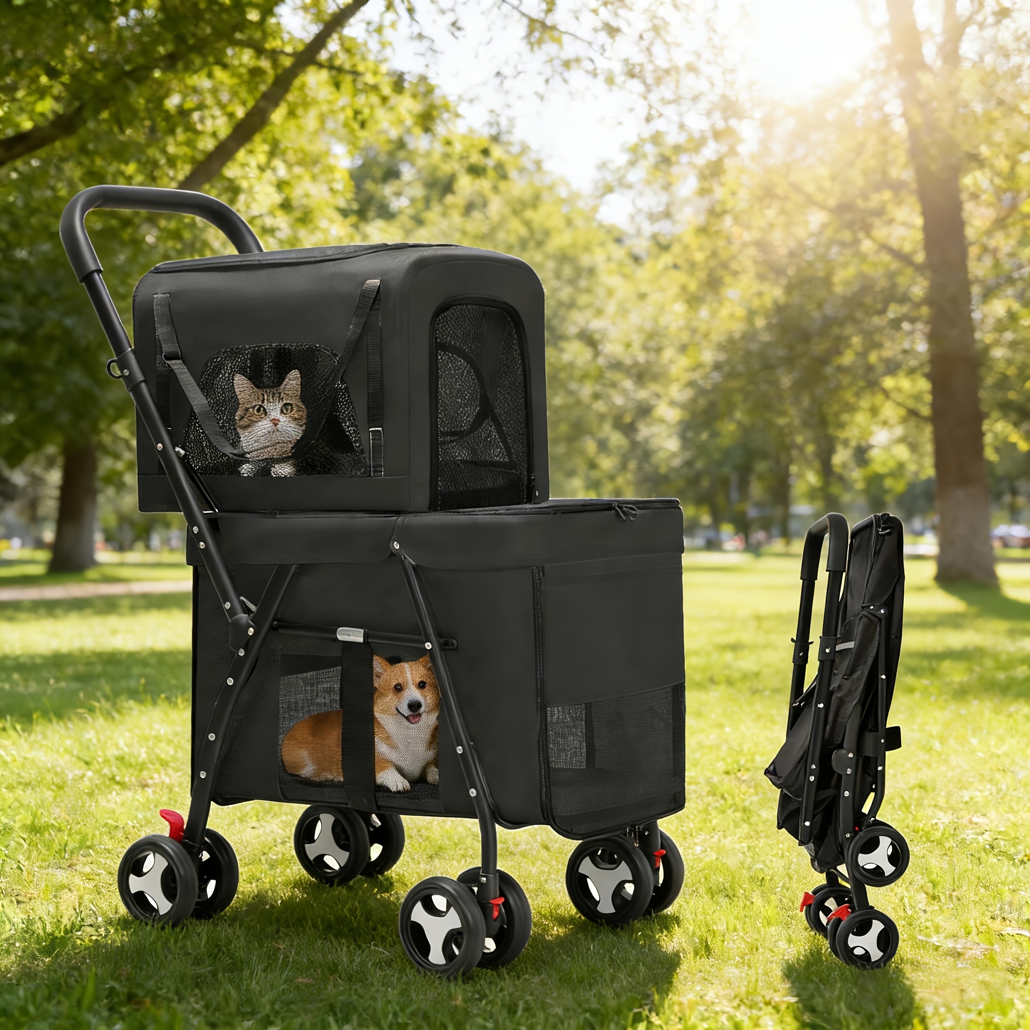 TEMU Advwin Double Pet Stroller For Dogs And Cats, 3-in-1 Dog Jogger Stroller Foldable Travel Carriage With Detachable Carriers, Safety Belts, And