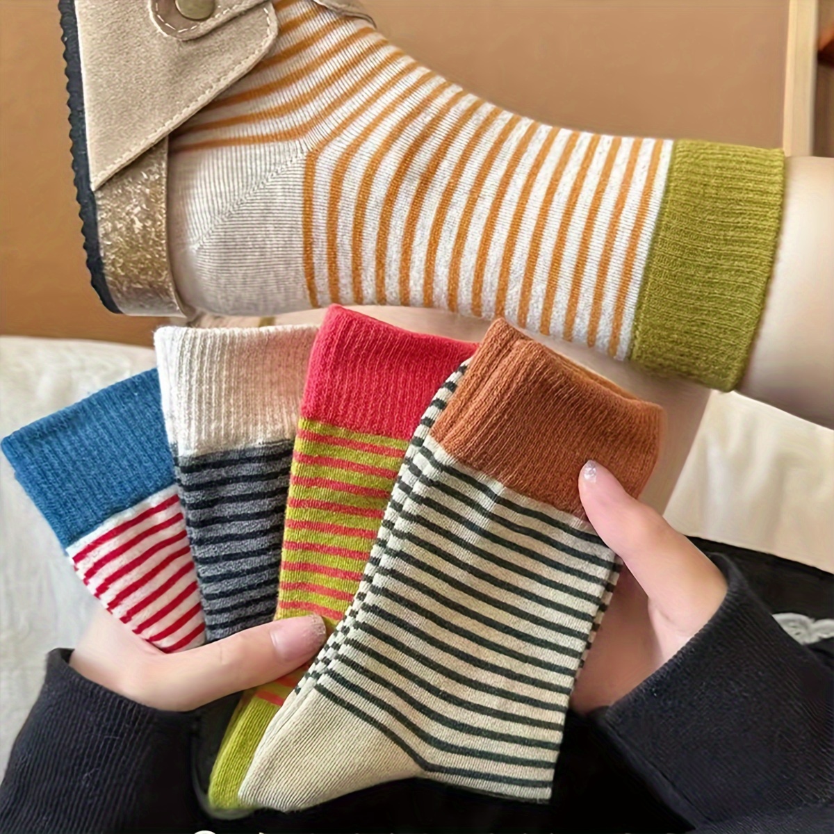 

5 paires de chaussettes mi- pour femmes, motif géométrique, couleur mélangée, tissu tricoté extensible confortable, polyester 97 %, élasthanne 3 %