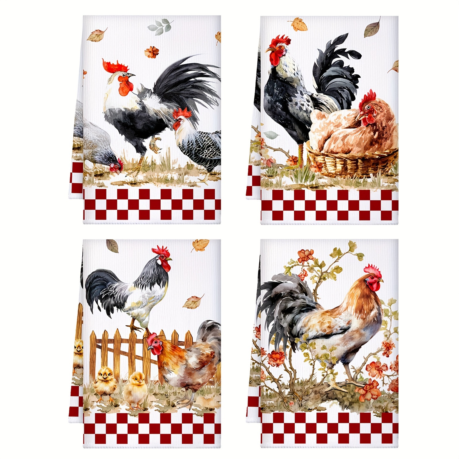 

2/4pcs, Rooster Kitchen Towels, Chicken Dish Towels, Absorbent Vintage Buffalo Check Towels With Hanging Loop, Modern Farmhouse Hand Towels For Bathroom, Home, Country Style Gift