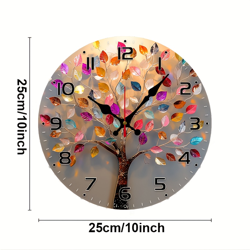 TEMU 1pc Tree Of Life Abstract Canvas Art Backdrop - 10inch Wood Veneer Round Silent Flat Wall Clock - Batteries Not Included - For Indoor Hanging