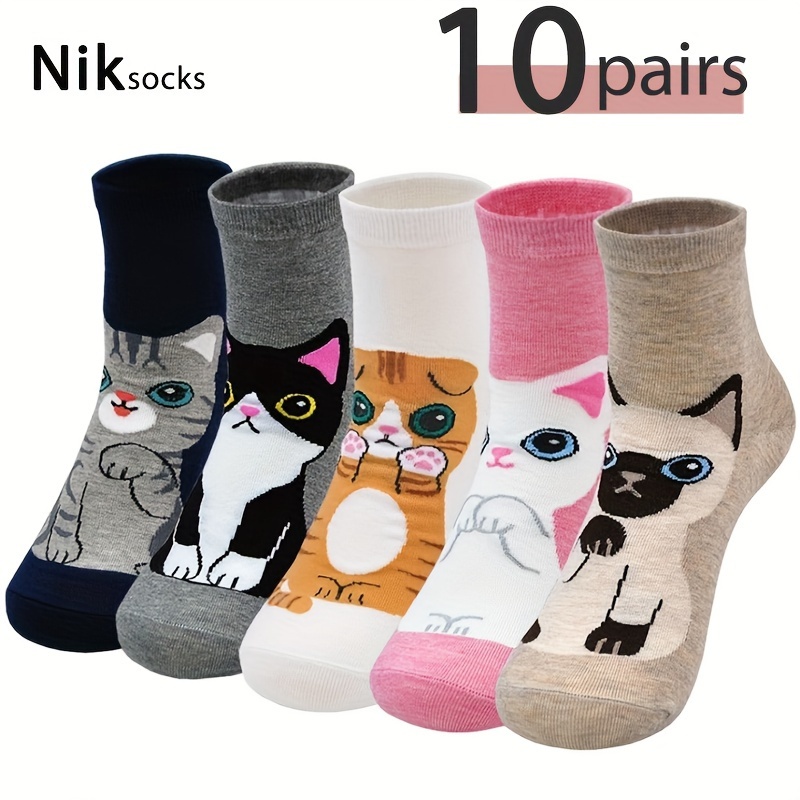 

10 Pairs Girl's Cartoon Cat Anklet Socks, Comfy Breathable Soft & Elastic Anti Odor Sweat Absorbing Socks, Girl's Hosiery