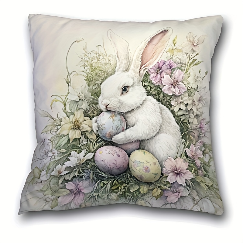 

Easter Bunny And Egg Floral Pillow Cover - 17.7"x17.7" Short Plush, Zippered Home Decor Cushion Case, Machine Washable, Bohemian Style (pillow Insert Not Included), Cute Pillows