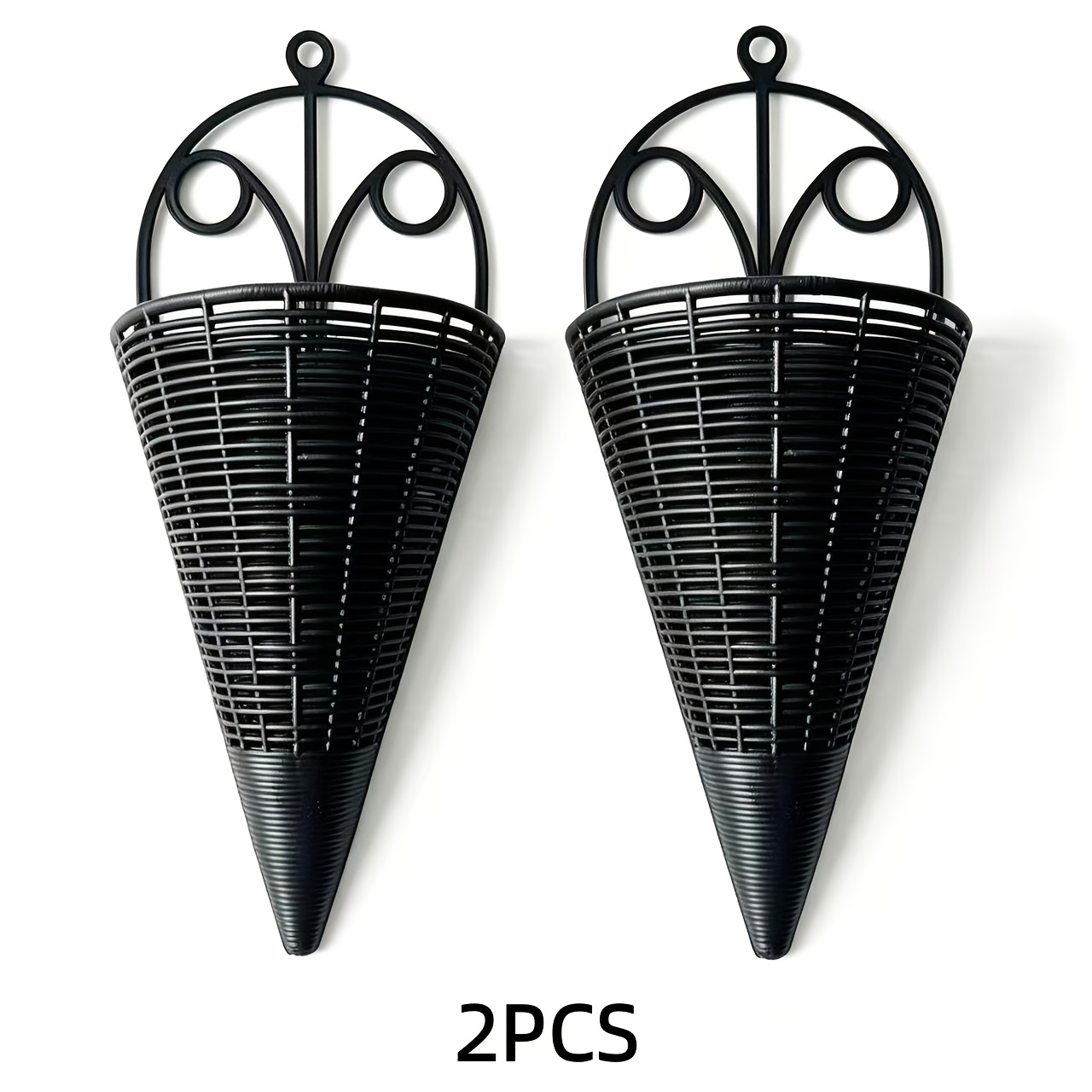 2 Pack Black/brown Plastic Wall Hanging Flower Baskets, -one Molded Conical Wall Planter Holders For Indoor Outdoor Home Garden Decor