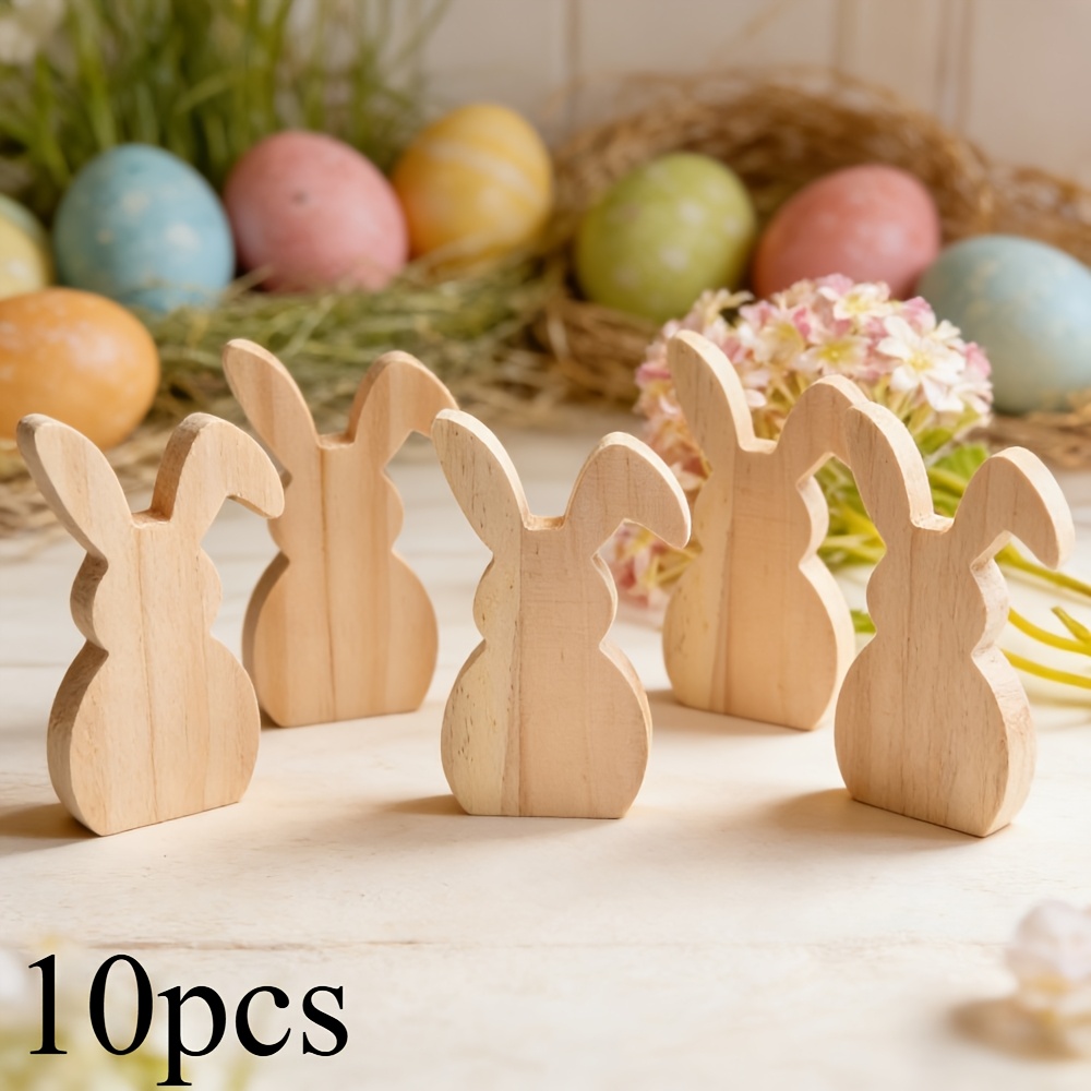 TEMU 10pcs Wooden Bunny Figurines - Diy Paintable Easter Bunnies With Hanging Decorations, Unpainted Craft Ornaments For Arts & Crafts, Spring