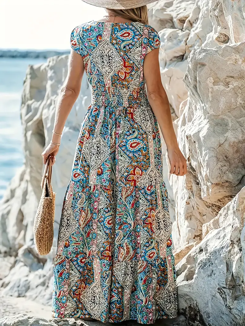 bohemian dress paisley print v neck sleeve beach Opulessa Coffee Paisley Print Maxi Dress Women's Long Sleeve V-Neck Semi-Sheer Mermaid Bodycon Knitted Fabric High Waist Bohemian Ethnic Ele,XL
