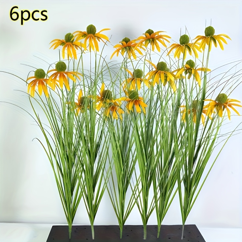 TEMU 6 Bunches Of Artificial Onion Grass Sunflowers, Vibrant Yellow Faux Flowers Accompanied By Green Foliage, Suitable For Decorating Indoors And