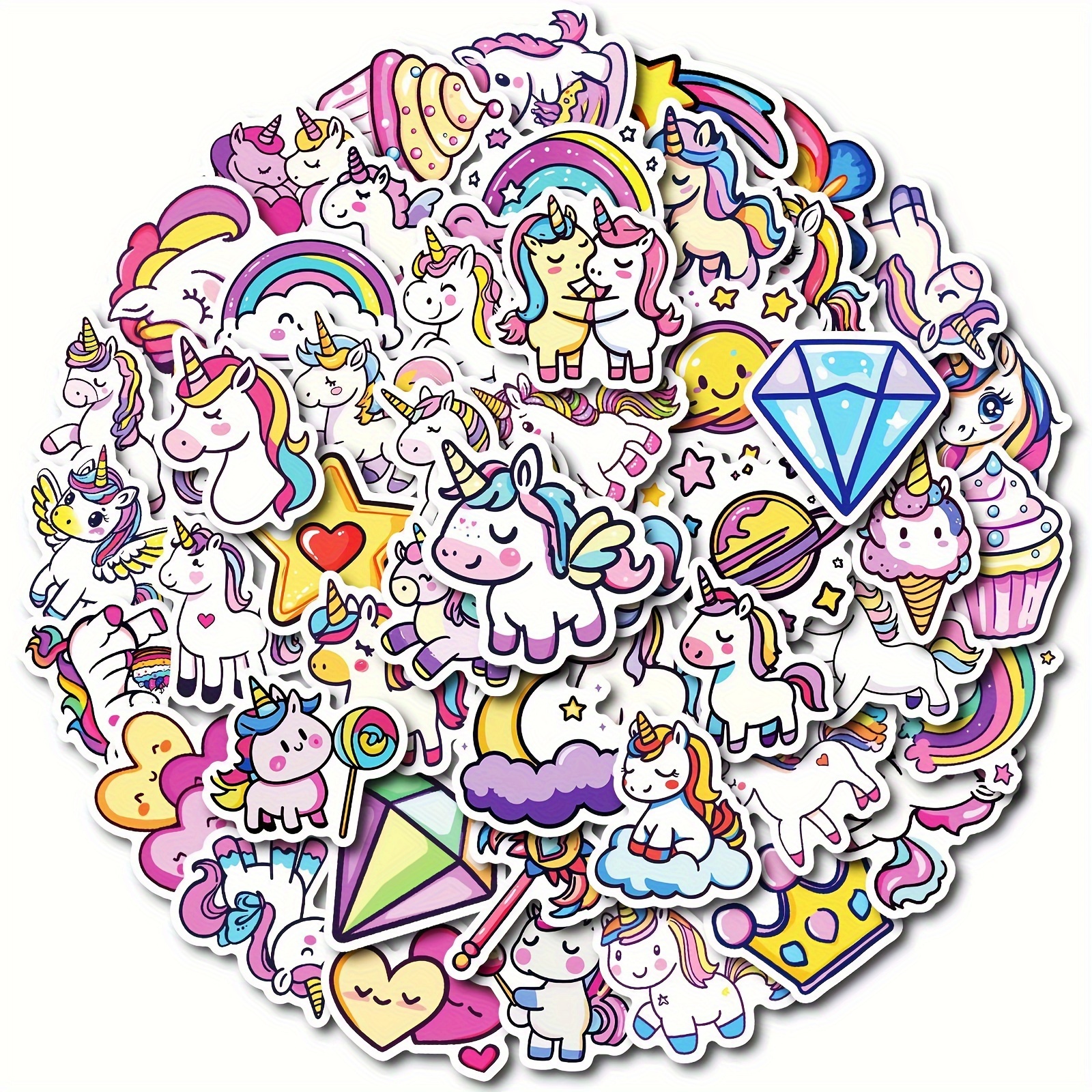 50-pack Cute Unicorn Cartoon Rainbow Horse Stickers | Self-adhesive Glossy Polypropylene Stickers For Cups, Notebooks, Laptops