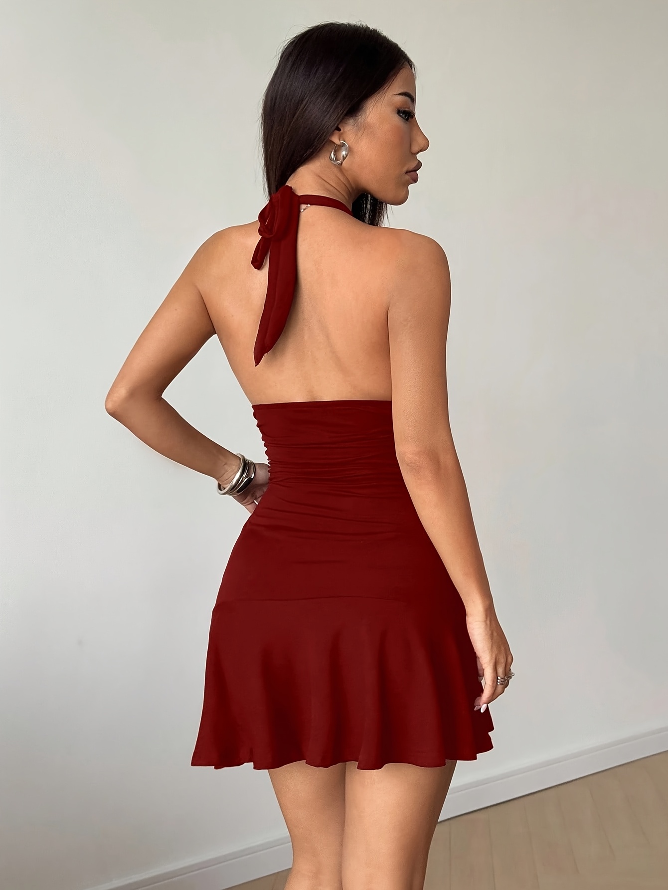 Vestido elegante con cuello en V profundo | Color liso, ajustado, perfecto para primavera/otoño, ideal para un estilo de vacaciones en la playa - Imagen 6