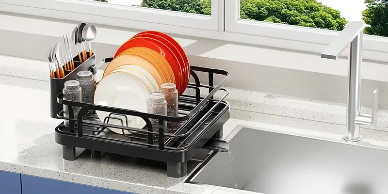 expandable dish drying rack extendable dish rack with spout collapsible dish dryer black large dish drainer for kitchen counter foldable dish drainer drying rack with cutlery holder Product details 2