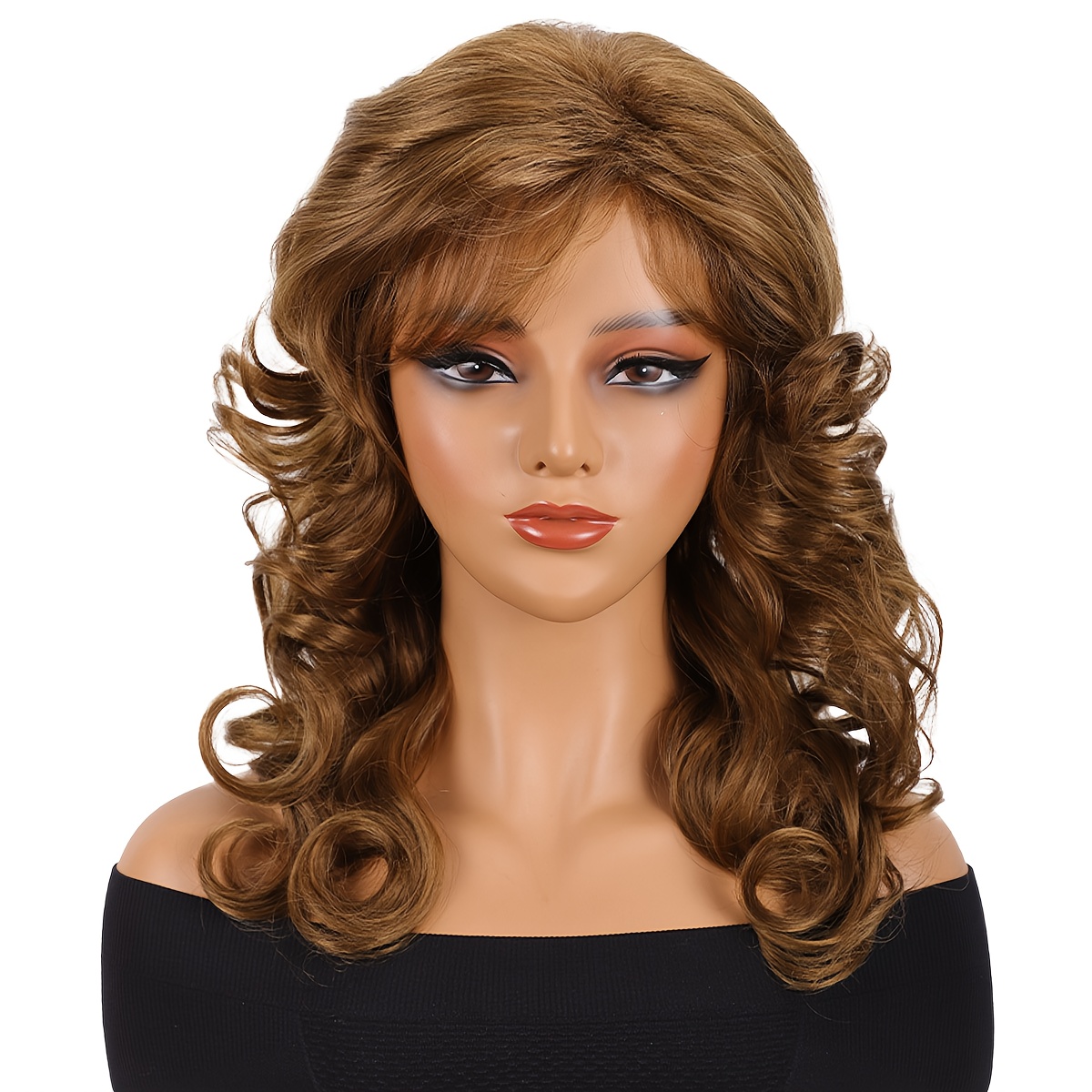 TEMU Women's Elegant Brown Curly Wave Wig With Bangs - Heat-resistant Synthetic Hair, Natural Looking Volume & Movement, For Everyday, Parties,