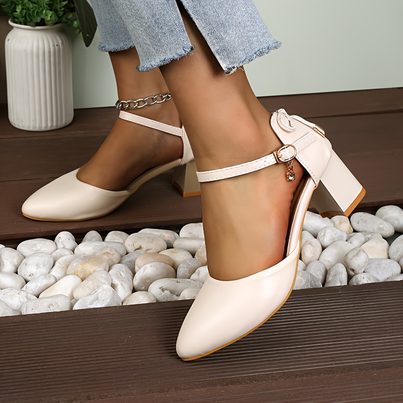 Women'S Elegant French-Inspired Mid-Heel Sandals with Ankle Strap & Bow Detail - Chic Pointed Toe Block Heel Pumps for Spring/Summer, Versatile & Fashionable Hollow Cutouts, Strappy Sandals
