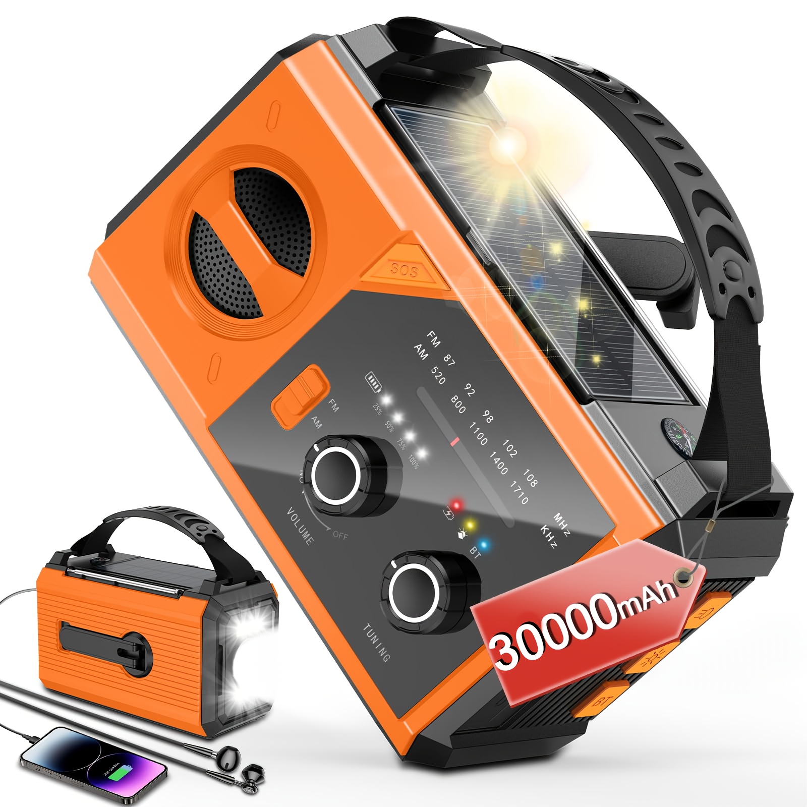 30, 000mah Emergency Weather Radio, Portable Am/fm/noaa Hand-crank Solar Radio With Usb, Solar, And Hand-crank Charging, Headphone Jack, Sos Alarm, Phone Charger, And Reading Lamp For Emergencies