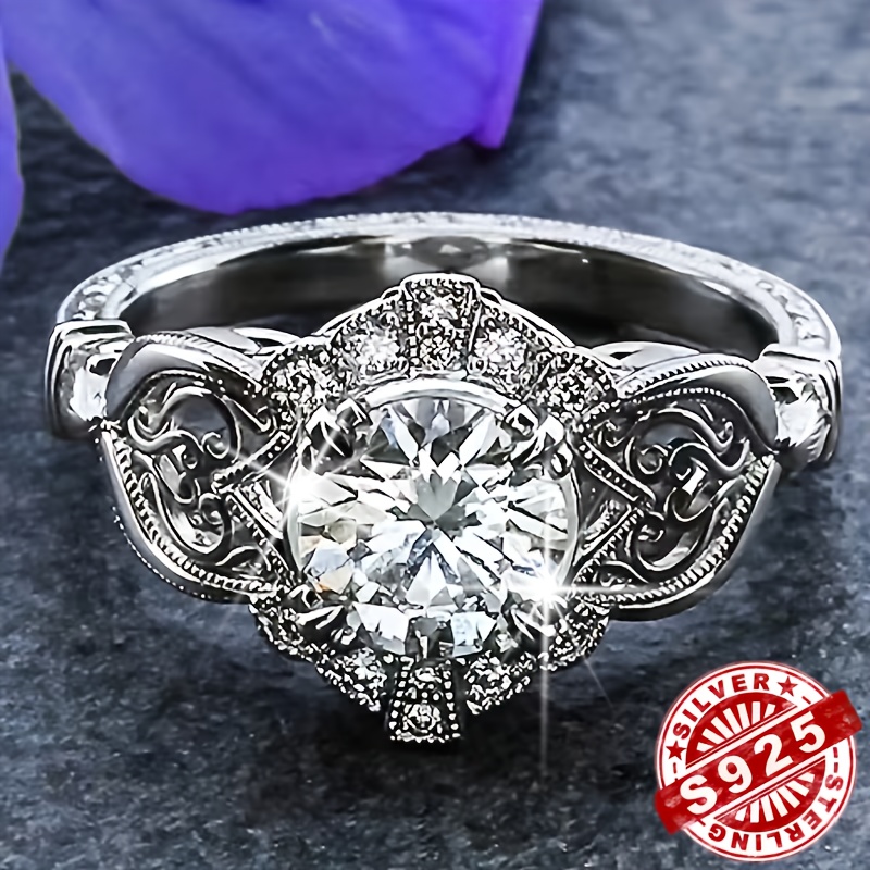 TEMU Bague Femme en Argent 925 Sterling, Zirconia 5A Élégante et Moderne, Bague Texturée Créative, Bague d'Engagement , Recouverte de Zirconia 5A , ,