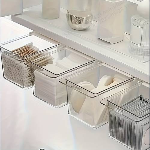 4pcs clear pull out organizer boxes heavy duty transparent bathroom storage containers with space saving wall mount for vanity bathroom organizer shelves for lipstick makeup brushes balls headbands no