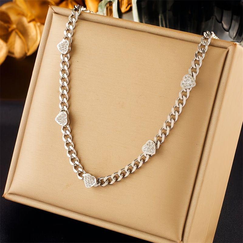 Image of Simple Heart-shaped Rhinestone Golden Stainless Steel Necklace In Golden And Steel Colors 2 Colors Without Box Included